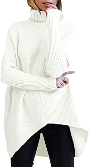 Womens Turtleneck Long Batwing Sleeve Asymmetric Hem Casual Sweater.