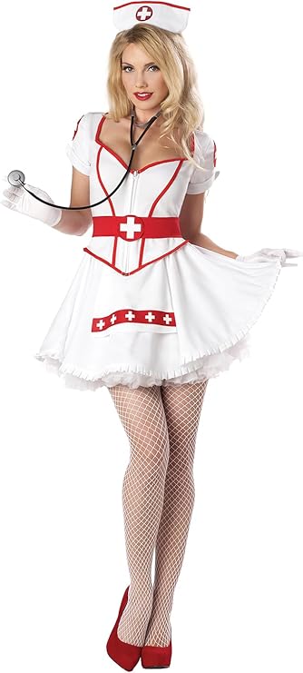 Nurse Costume with White Minidress & Red Accents.