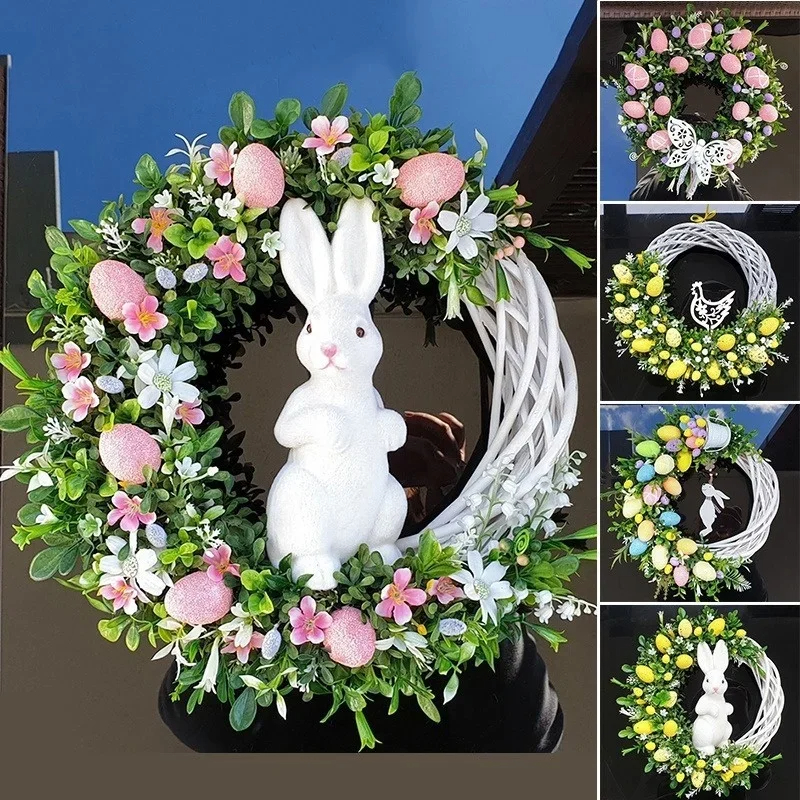 Green Plant Front Door Easter Egg Wreath Hanging Wall Decoration 2024.