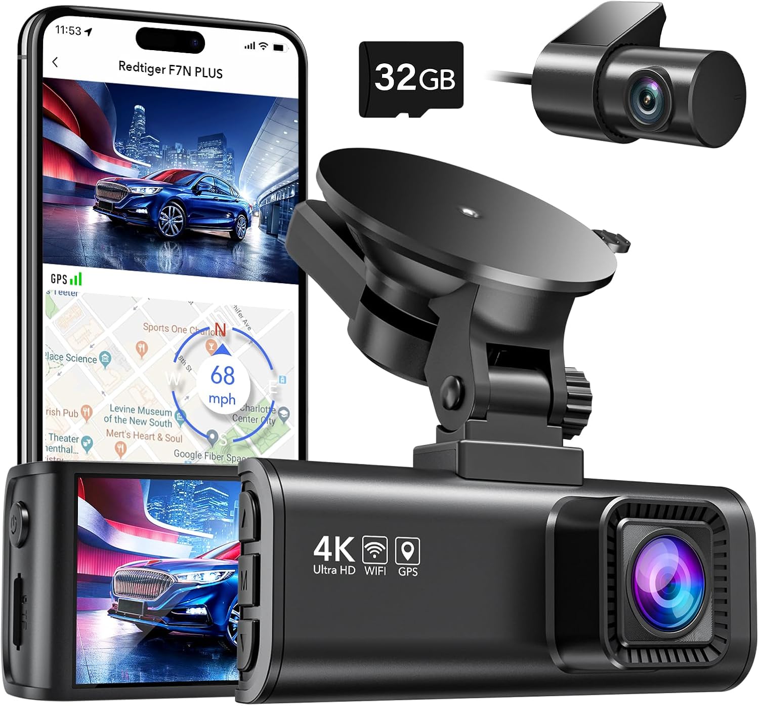 Dual Dash Cam – 4K Front + 1080P Rear, GPS, Wi-Fi & HDR Night Vision.